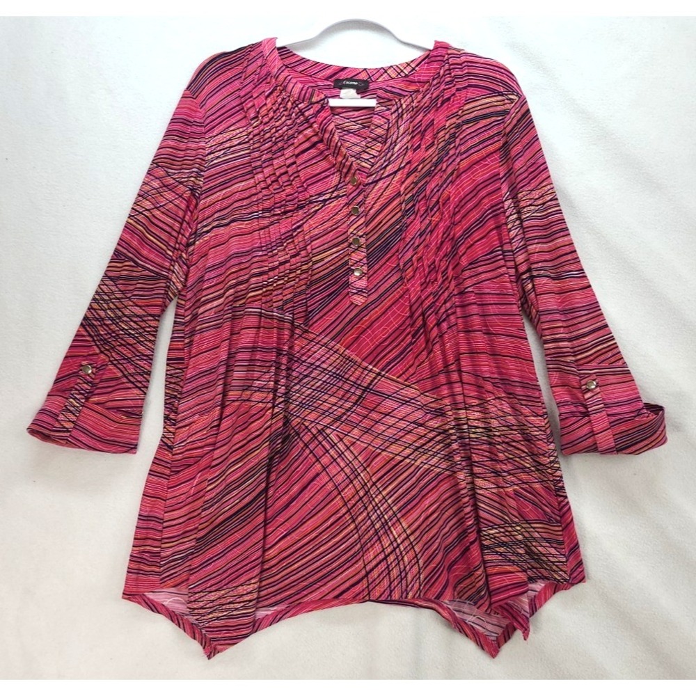 Cocomo Womens Multicolor Long‎ Sleeve Tunic Top with a V neck Pintuck Pleats 2X